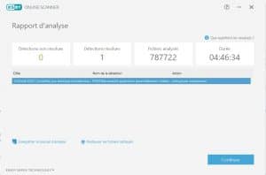 une PUP détectée par l'analyse complète de ESET Online Scanner