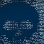 Tête de mort dans du code informatique symbolisant des logiciels malveillants