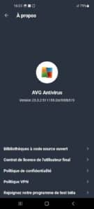 L'app AVG antivirus free sur mobile Android en version 23.3.2