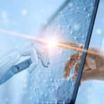 doigt d'un robot, symbolisant l'intelligence artificielle sécurisée, qui touche un doigt humain sur un écran