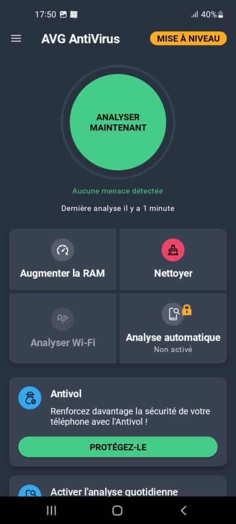 Le bon antivirus AVG installé sur téléphone mobile Android